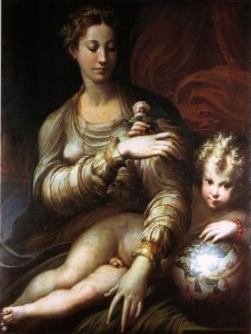 Madonna della Rosa, anno 1530 circa, tecnica a olio su tavola, 109 x 88,5 cm, Gemäldegalerie, Dresda.